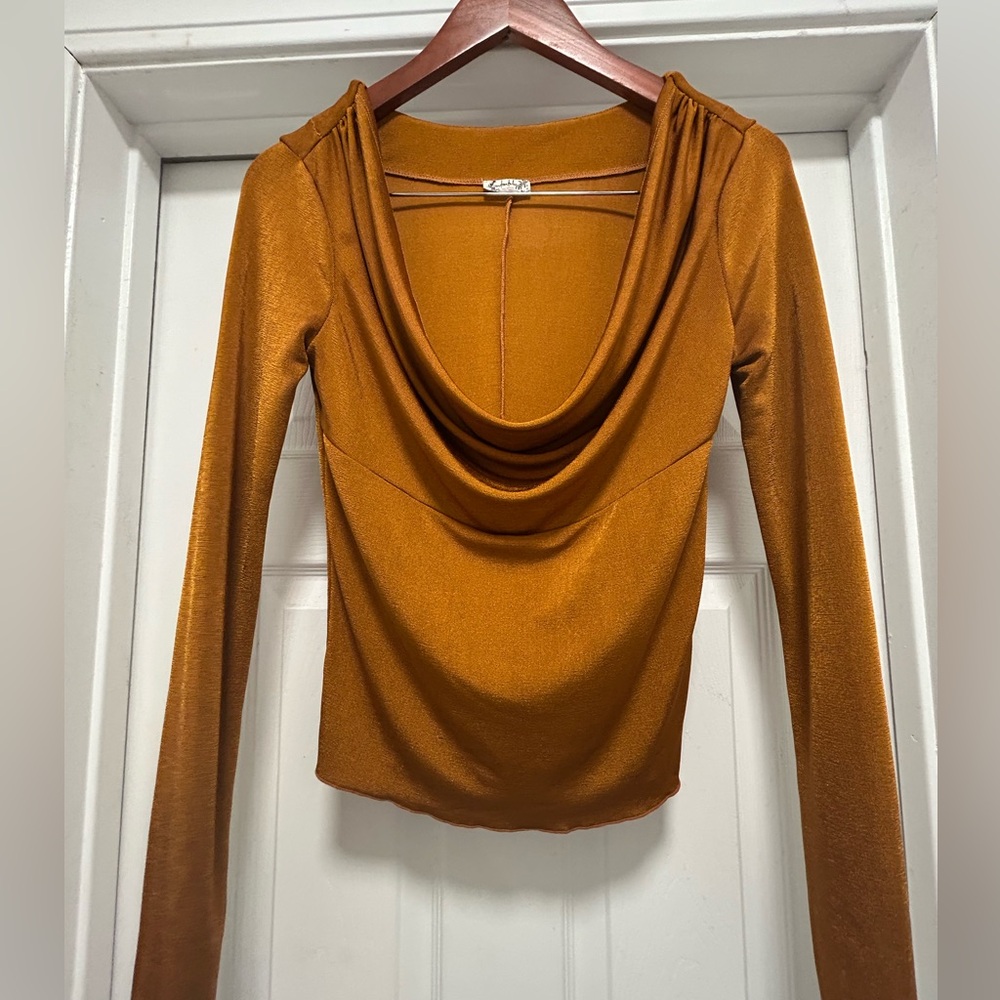 Free People Cowl Neck Rust Long Sleeve Top